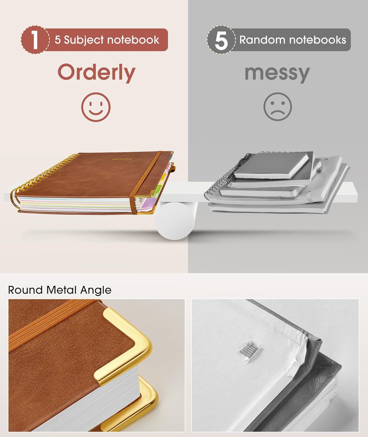 Hardcover Spiral Notebook journal with Removable Dividers Tabs, 300 Pages Leather 5 Subject Notebook College Ruled,A5 Notebooks for Work School Note taking,Lined Journal for Women,A5 Light Brown