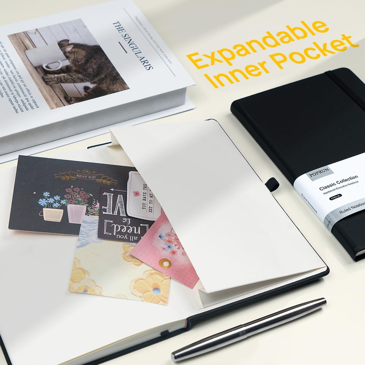 POPRUN 8 Pack Black Lined Journal Notebooks, Waterproof PU Leather Hardcover, A5 Classic College Ruled Journals for Writing, Business Work, School Note Taking, 5.5 x 8.3 inch, 240 Pages Notepad