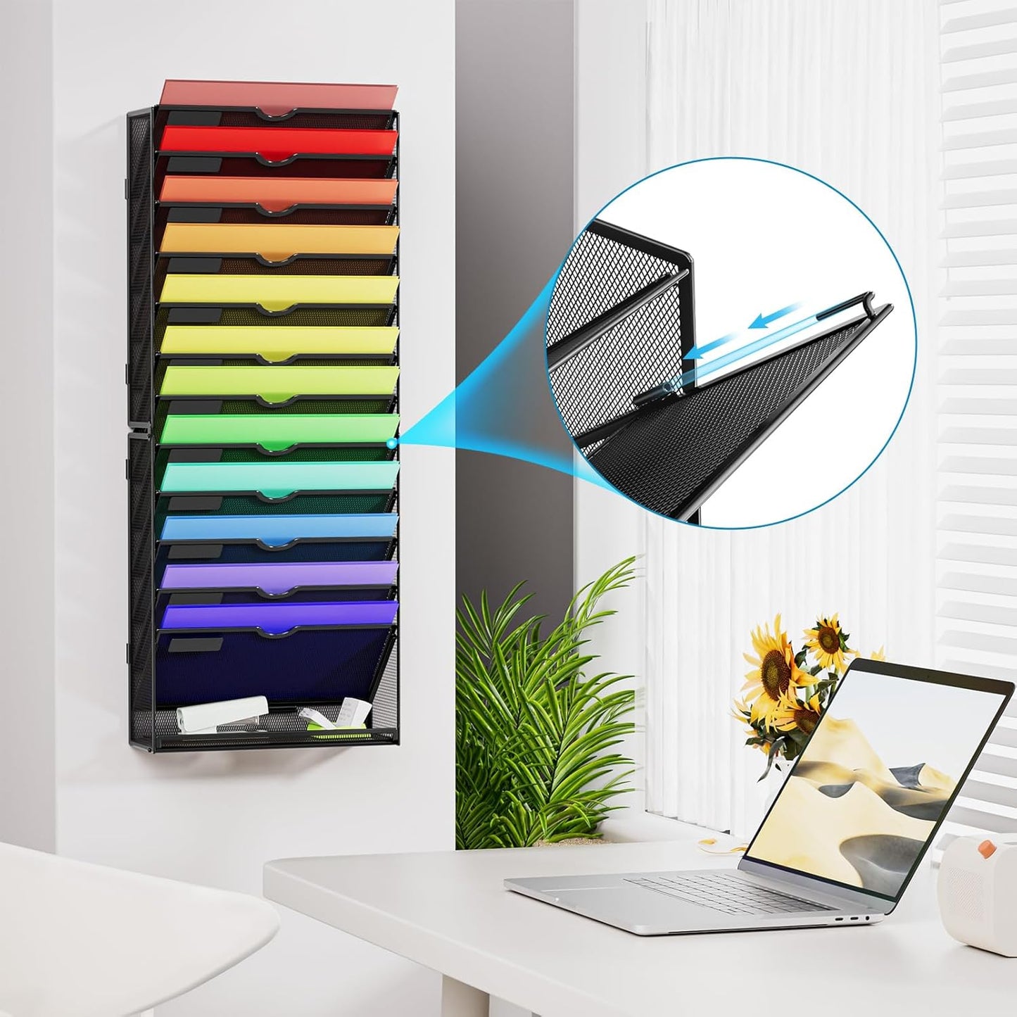 Marbrasse Wall File Holder 13-Tier Hanging Wall File Organizer, for Papers, Files Clipboard & Magazine Organizer, Wall Mount File Holder Great for Office Home (Black)