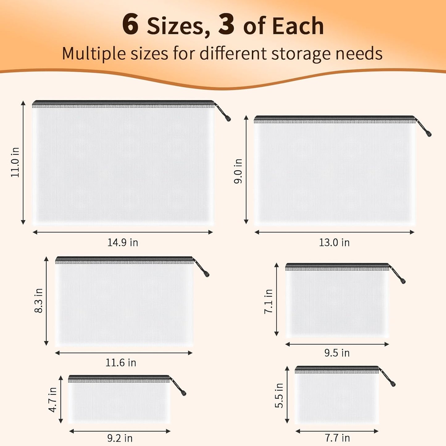 Umriox Zipper Mesh Document Pouch, 6 Assorted Size (Black, 18 Packs), Clear Zipper Pouches, Waterproof Travel Pouch for Office Supplies, Puzzles, Board Games and Craft Projects