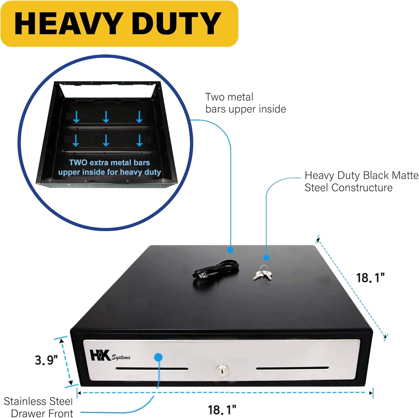 HK SYSTEMS 18inch Heavy Duty Black POS Cash Drawer with 5Bill/8Coin "Stainless Steel" Front, Ball Bearing Slides