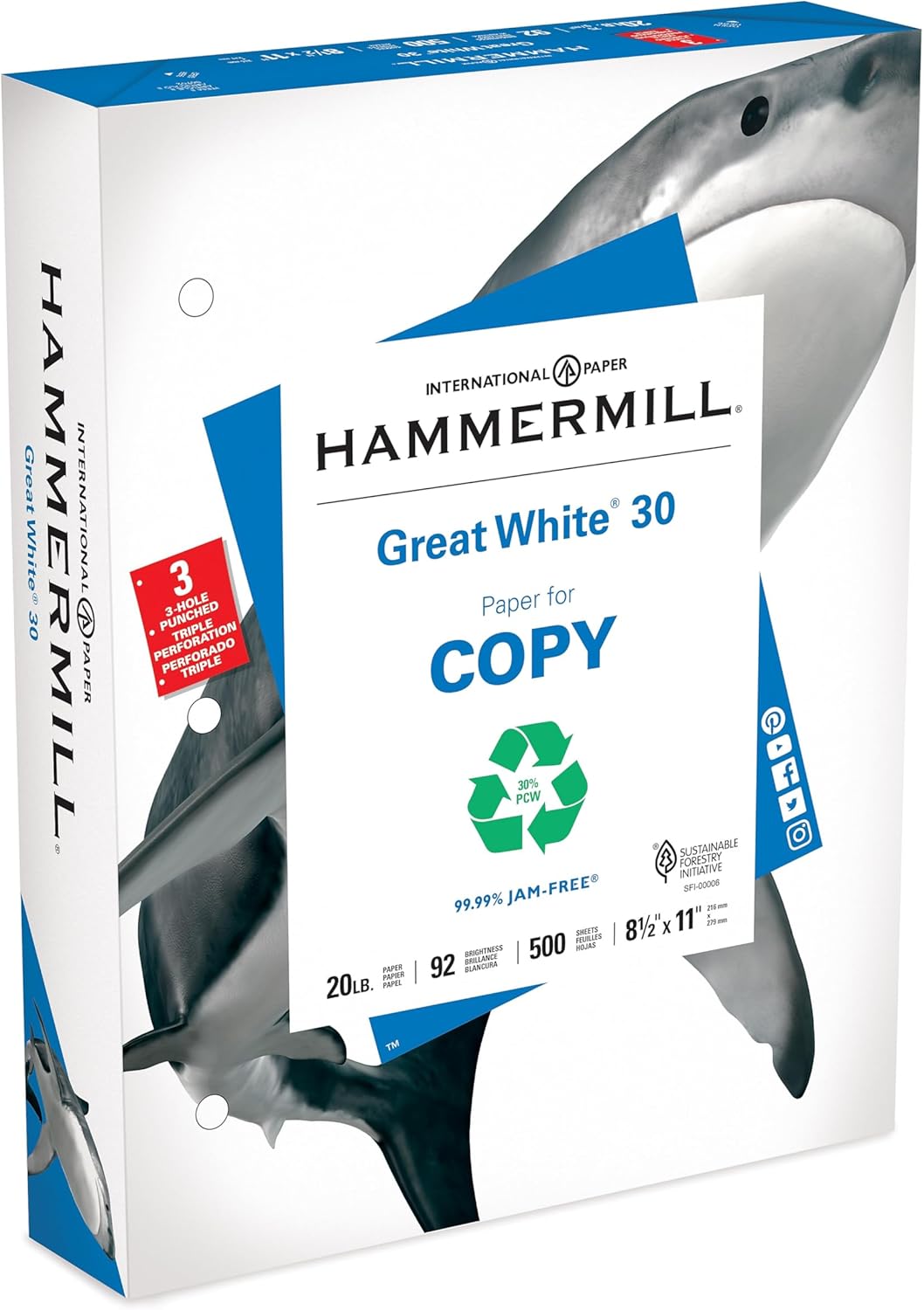 Hammermill Printer Paper, Great White 30% Recycled Paper, 3 Hole - 1 Ream (500 Sheets) - 92 Bright, Made in the USA, 086702
