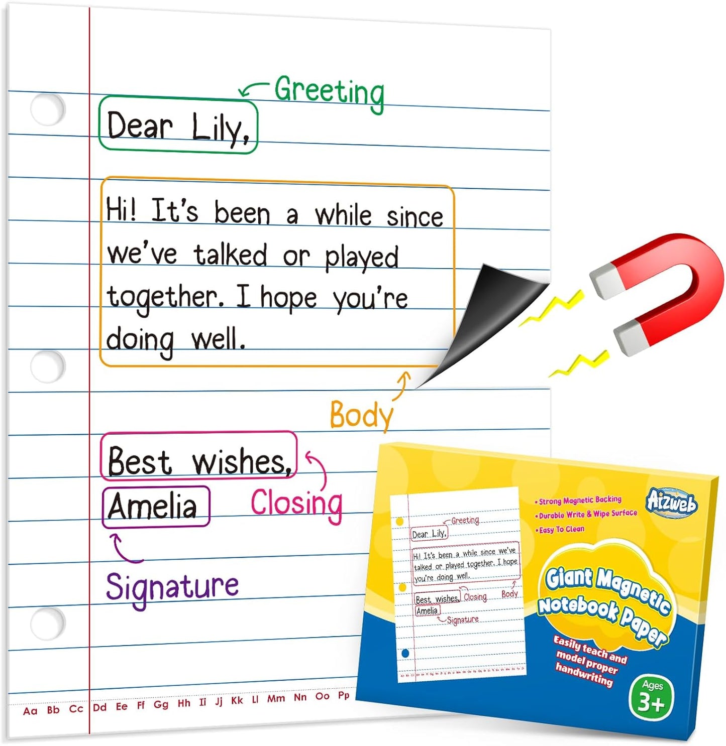 Aizweb Giant Magnetic Notebook Paper,Dry Erase Handwriting Lined for Classroom Whiteboard Accessories, Chart Paper Teacher Must Have Homeschool Teaching Supplies,Teacher Essential,17" x 21.5"