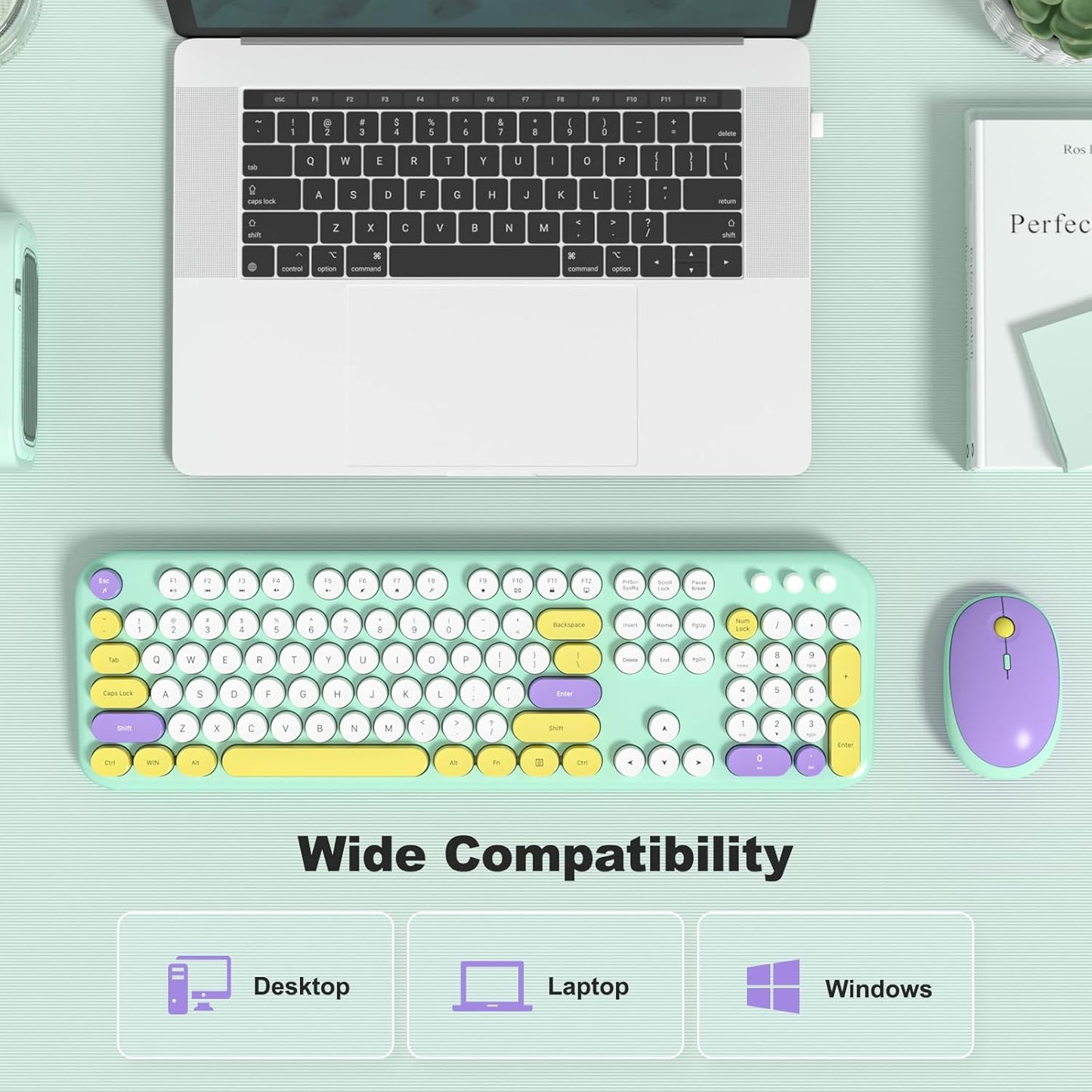 MOFII Wireless Keyboard and Mouse, Retro Typewriter Keyboard and Silent Mouse, 2.4GHz Full Size Keyboard and Mouse Wireless Combo for Laptop, PC, Desktop, Windows (Mint Green)