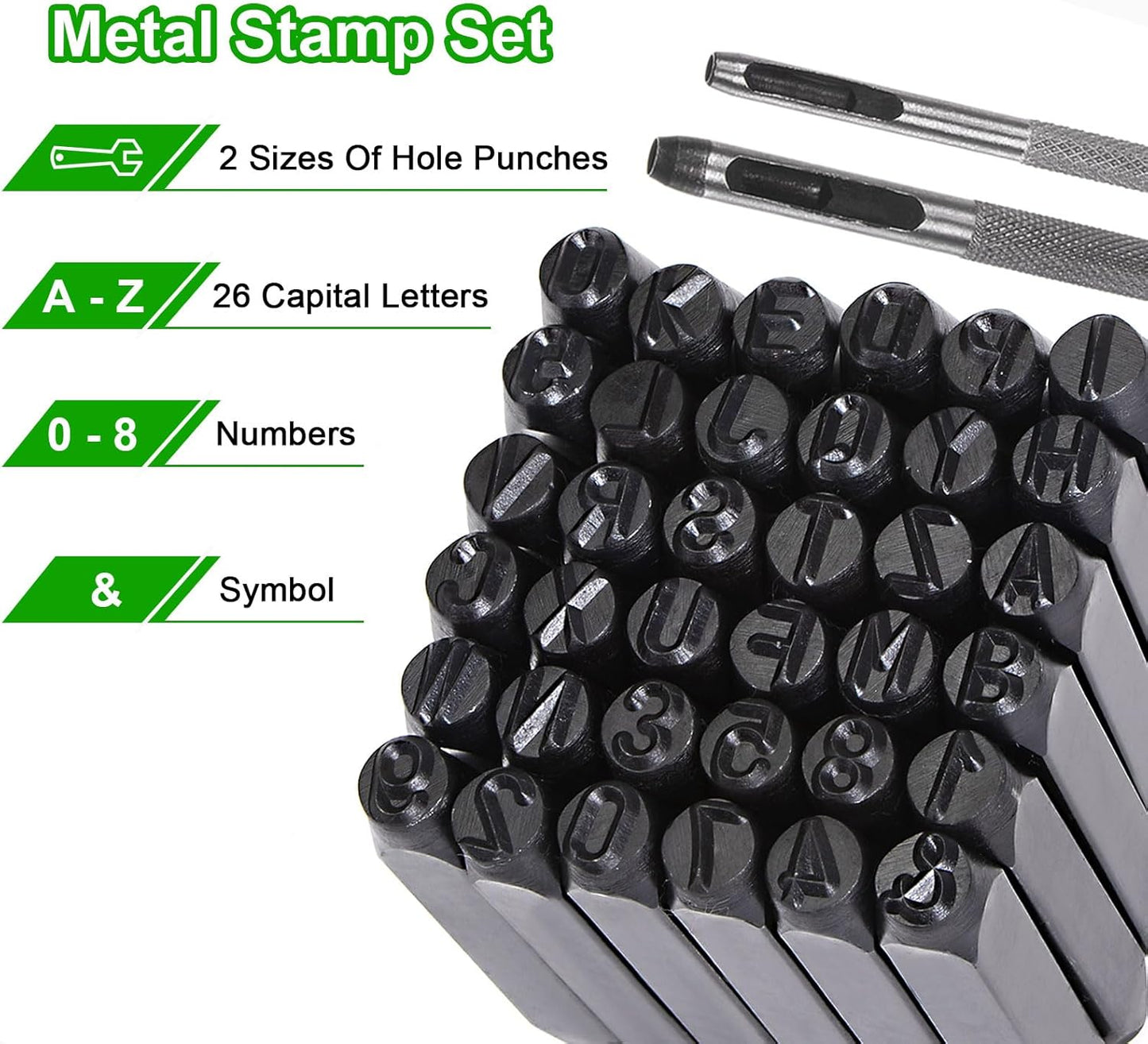 HARFINGTON 36pcs Metal Stamping Kit 1/8" (3mm) (A-Z, 0-8, "&" Symbol) Steel Letter Punch Press Tool with Hole Punch to Stamp on Metal, Plastic, Wood, Leather, Black