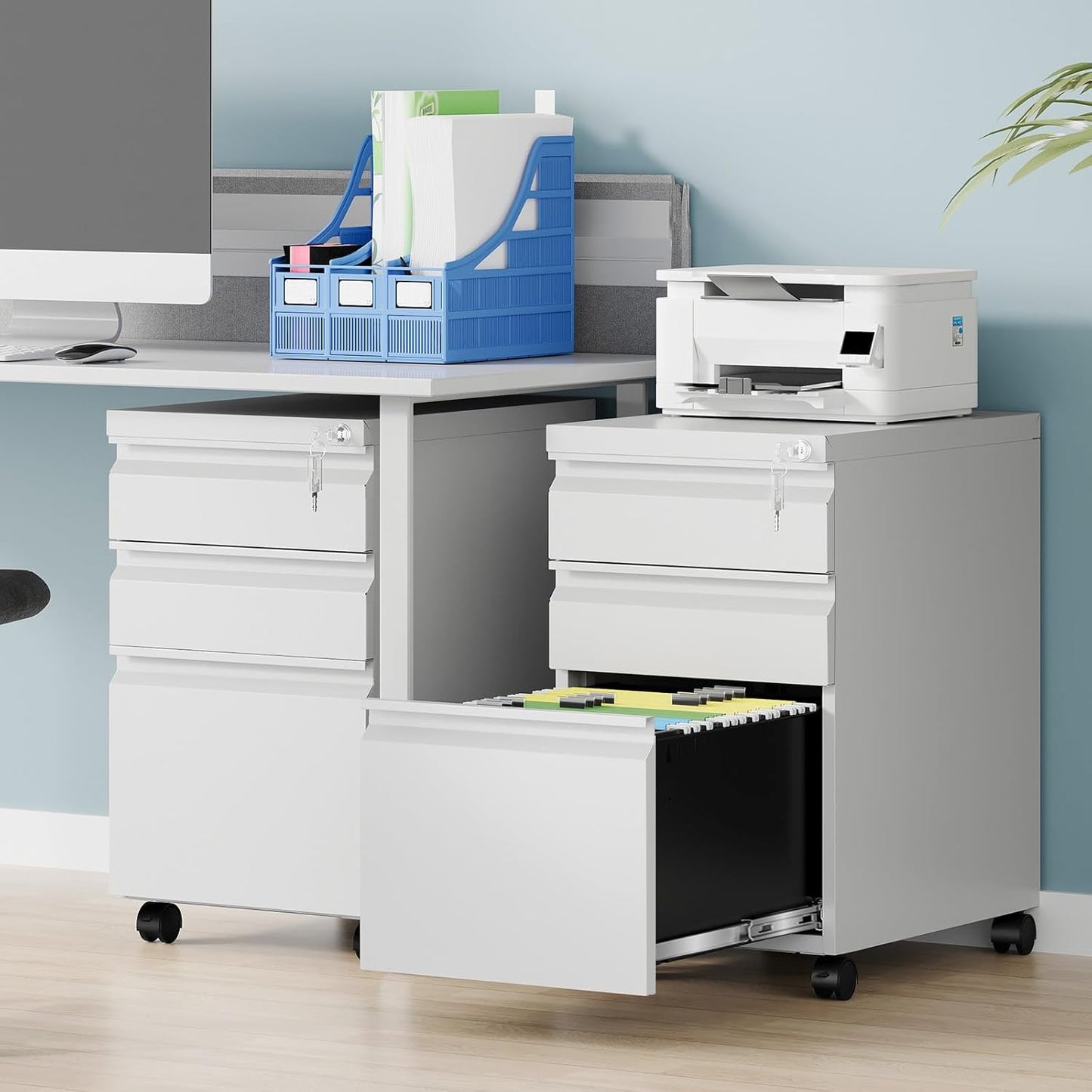 3 Drawer File Cabinet, Fully Assembled Mobile File Cabinets with Lock for Home Office, Metal Rolling Filing Caninet on Wheels, Three Drawer Under Desk Cabnet for Letter/Legal / A4 - White