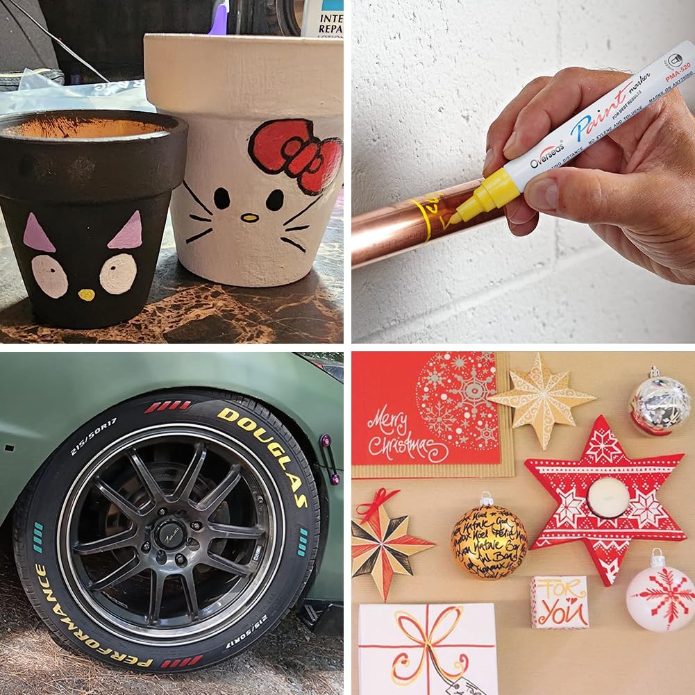 Overseas Paint Pens Paint Markers, 6 Colors Oil Based Permanent Markers, Medium Tip, Quick Dry and Waterproof Assorted Color Marker Pen for Metal, Wood, Plastic, Rock, Canvas, Glass, Rubber