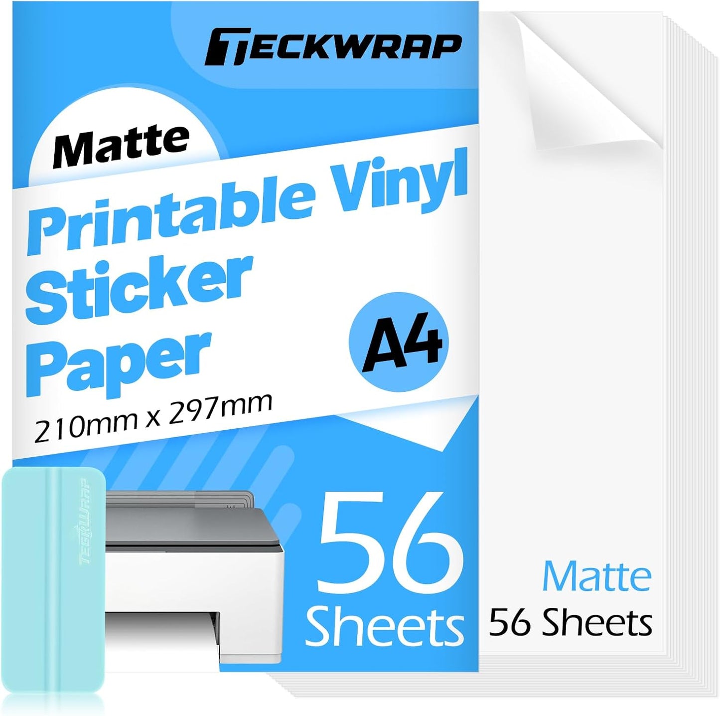 TECKWRAP Printable Vinyl Sticker Paper for Inkjet Printer, Matte Inkjet Printable Vinyl, 8.26" x 11.69" A4 56 Sheets/Pack Photo Paper for Craft Scrap-Booking, Stickers, Labels