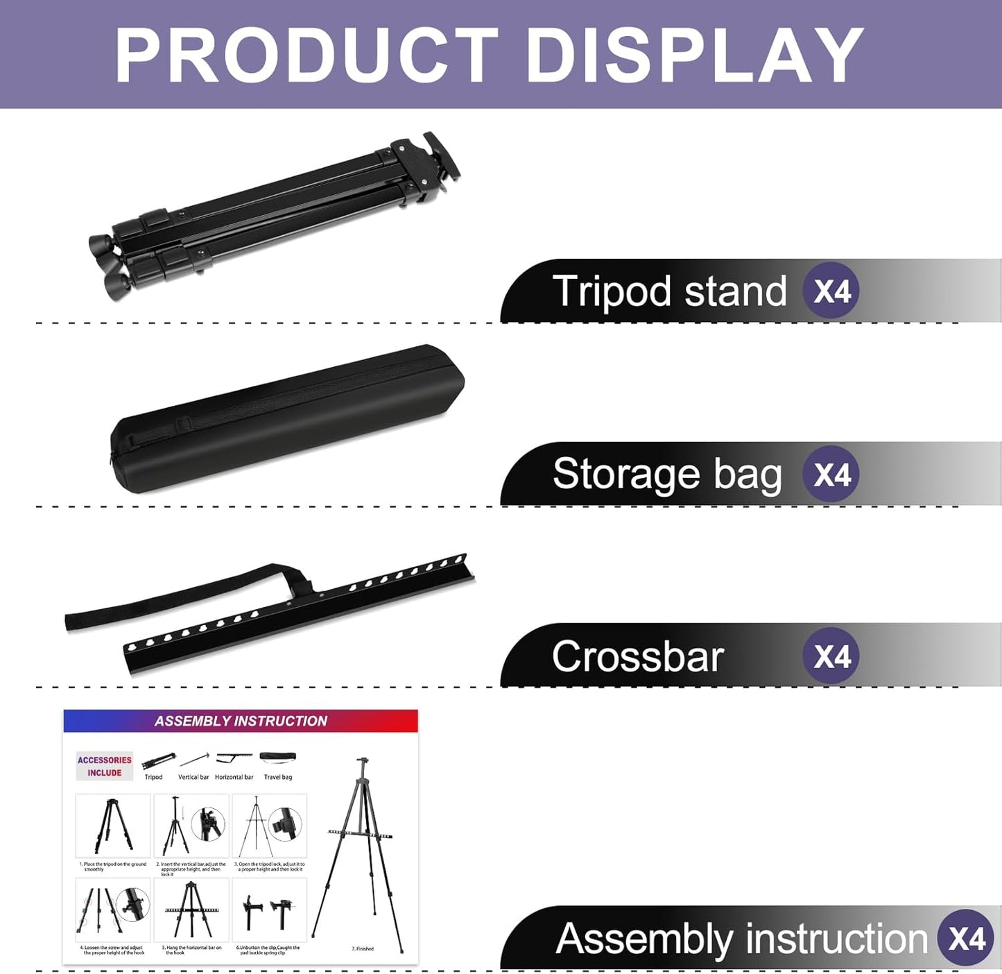 AROIC 4 Pack Painting Display Easel Stand Portable Adjustable Metal Tripod Artist Canvases Height from20to66Inch Extra Sturdy forTable-Top/Floor Painting, Drawingand Displaying,Black with4Storage Bag