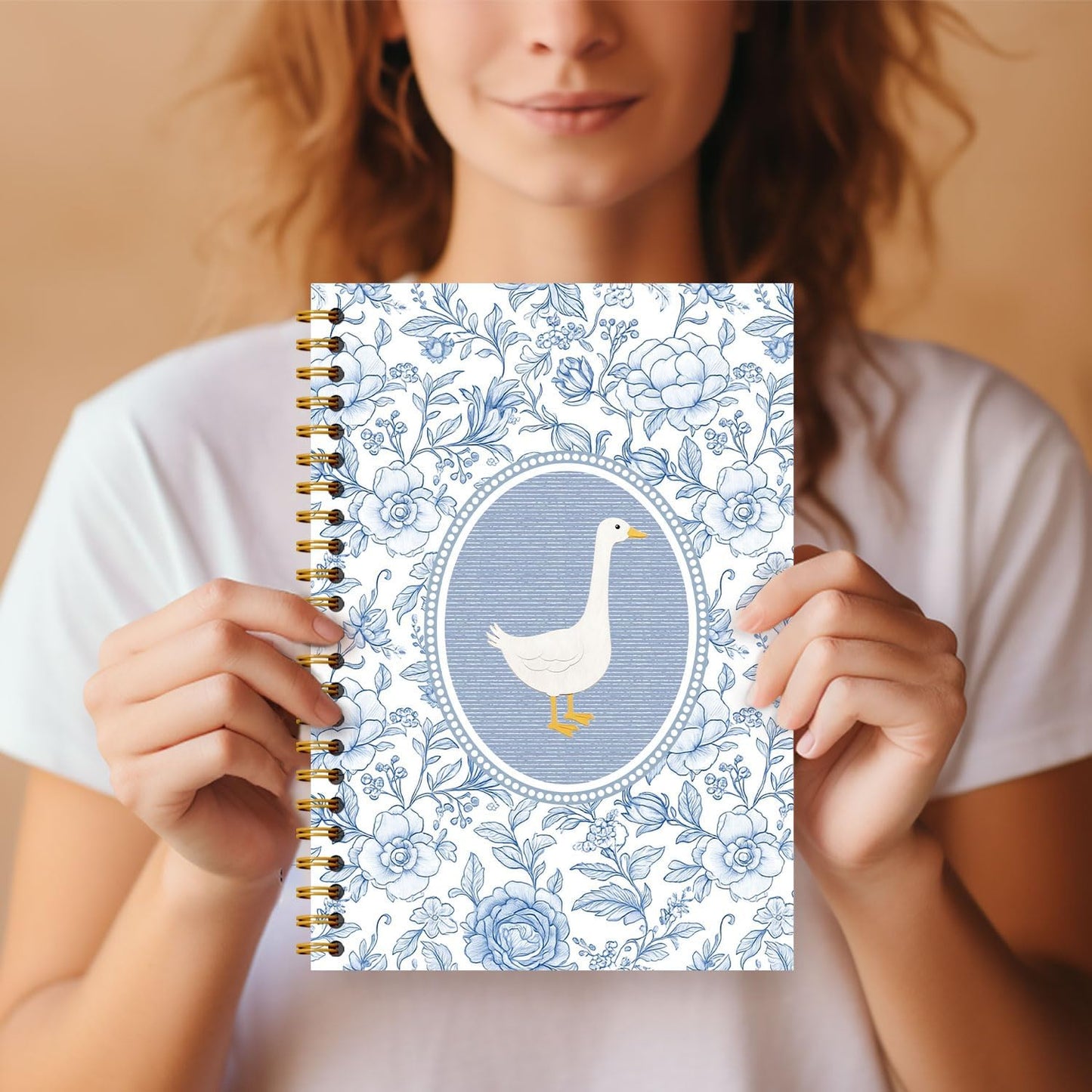Guymn Chinoiserie Floral Goose Notebook, Goose Animal Lover Gifts Journal for Kids Girls, Blue and White Grandmillennial Geese Hardcover Spiral Notebooks Journals 5.5x8.3 Inch