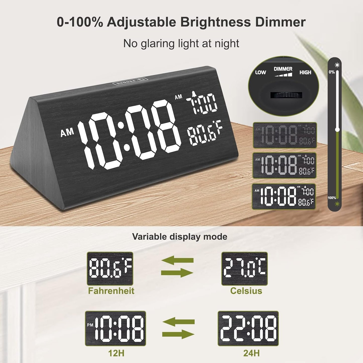 DreamSky Wooden Digital Alarm Clock for Bedroom - 7.7" Electric Clocks with USB Port, Large Numbers, Temperature, 0-100% Brightness Dimmer, Adjustable Alarm Volume, Snooze, 12/24H