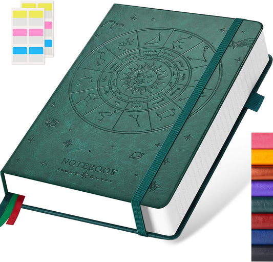 Hardcover Notebook Journal, A5 Lined Daily Journal College Ruled Notebook for Women Men, 320 Pages Thick Writing Journal Notebook for School Work, Dark Green Leather Notebook, 5.7'' X 8.4''