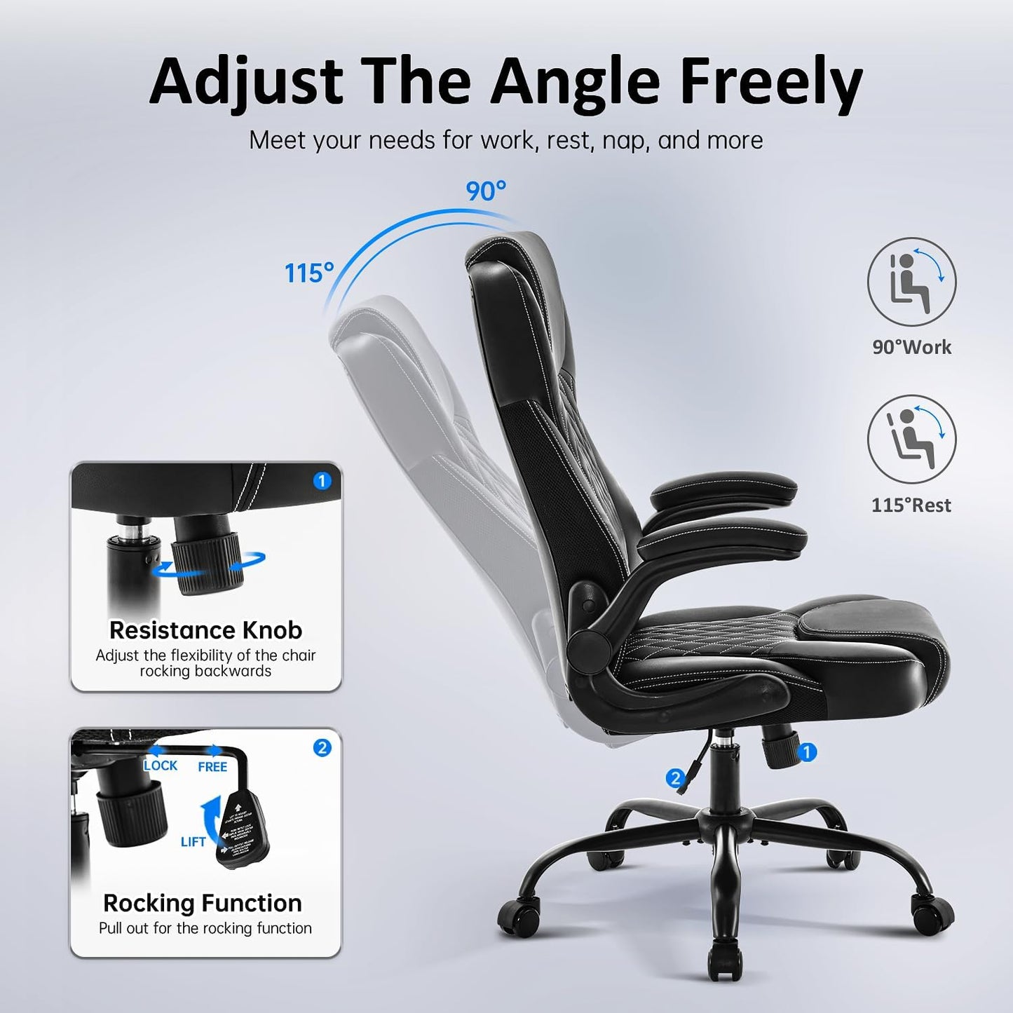 Office Chair, Executive Leather Chair Home Office Desk Chairs, Ergonomic Computer Desk Chair with Adjustable Flip-Up Arms, Lumbar Support Swivel Task Chair with Rocking Function (Black)