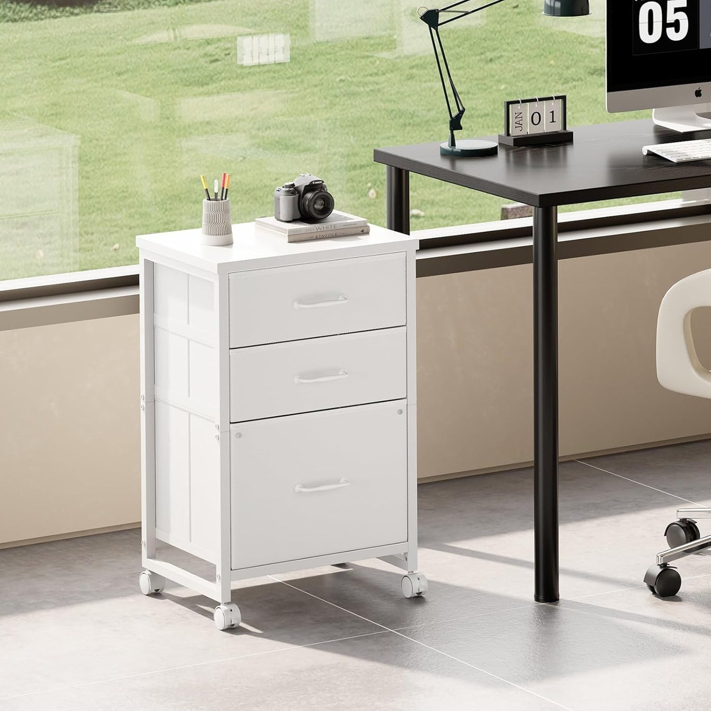 3 Drawer Mobile File Cabinet with Wheels Fabric Vertical Filing Cabinet fits A4 or Letter Size for Home Office,White