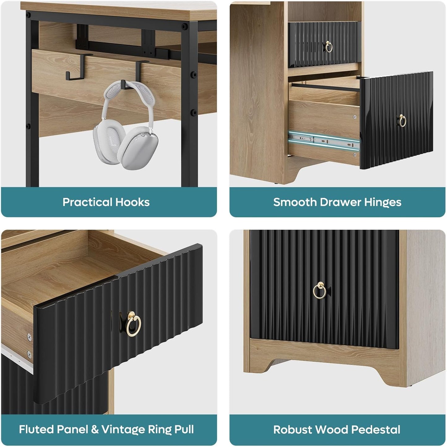 Bestier 55 Inch Computer Desk with Keyboard Tray, Modern Office Desk with Storage, Wood Writing Desk with File Drawer, Fluted Panel & 2 Hooks for Home Office & Studio, Natural Oak