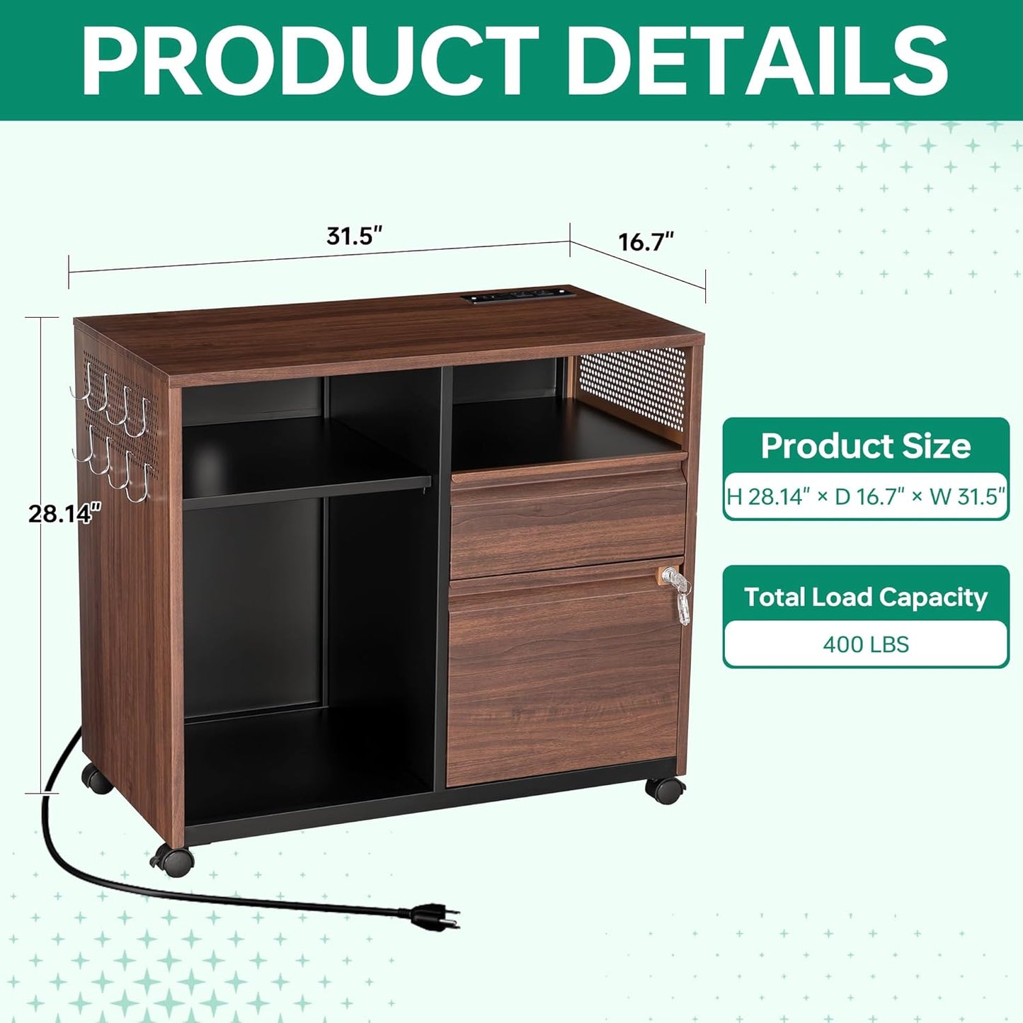 Letaya Mobile 2 Drawer File Cabinet with Lock, Metal Lateral Printer Stand Filing Storage Cabinets with Shelves for Home Office-A4/F4/Letter (Charging Socket)