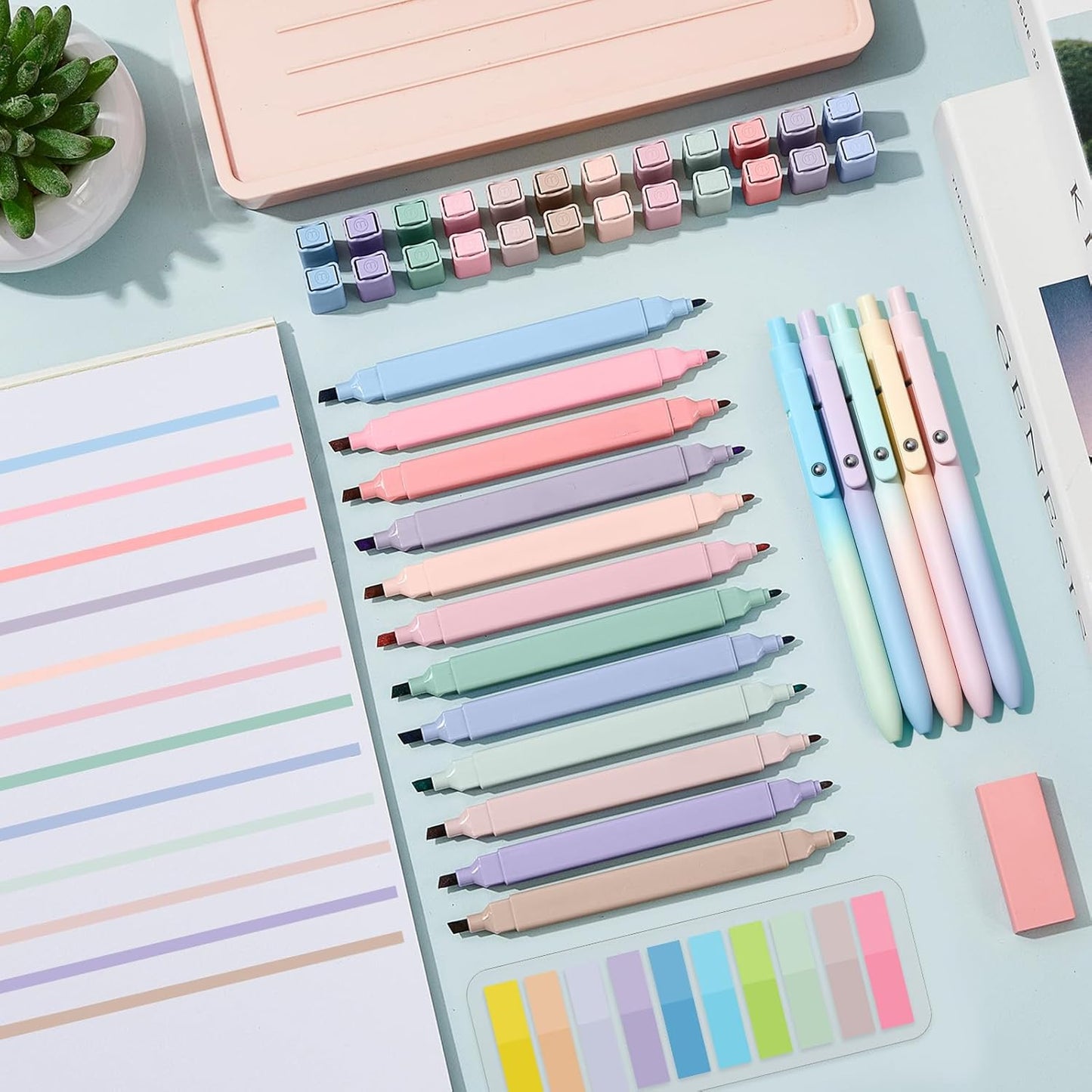 Jutom 38 Pcs Book Annotation Kit Aesthetic Highlighters Gel Pens Set Sticky Notes Tabs Markers Dual Ended Highlighter Quick Dry Ink Pens for Office Annotating Books(Gradient Color,Square)