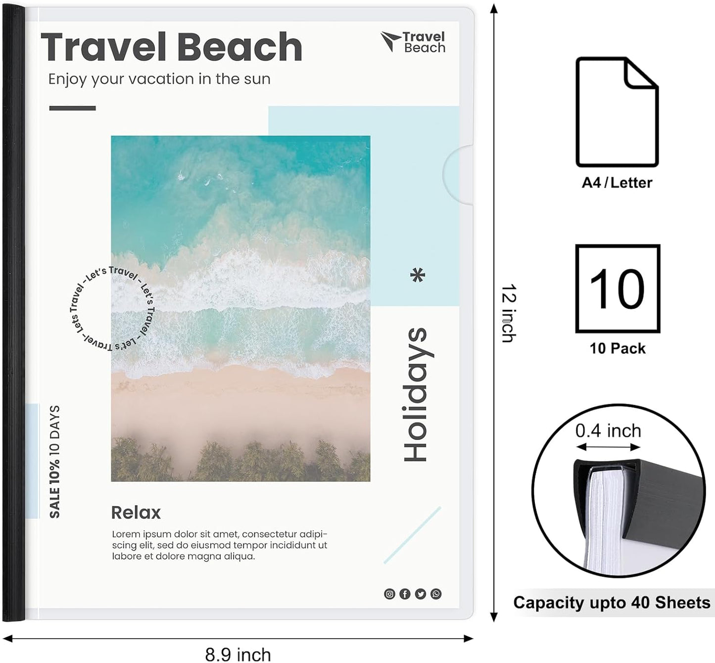 JOERSH 10Pcs Clear Report Covers with Sliding Bar, 40 Sheet Capacity Plastic Binder Paper Protector, Report Folders with Clear Cover for Resume File Documents, Black