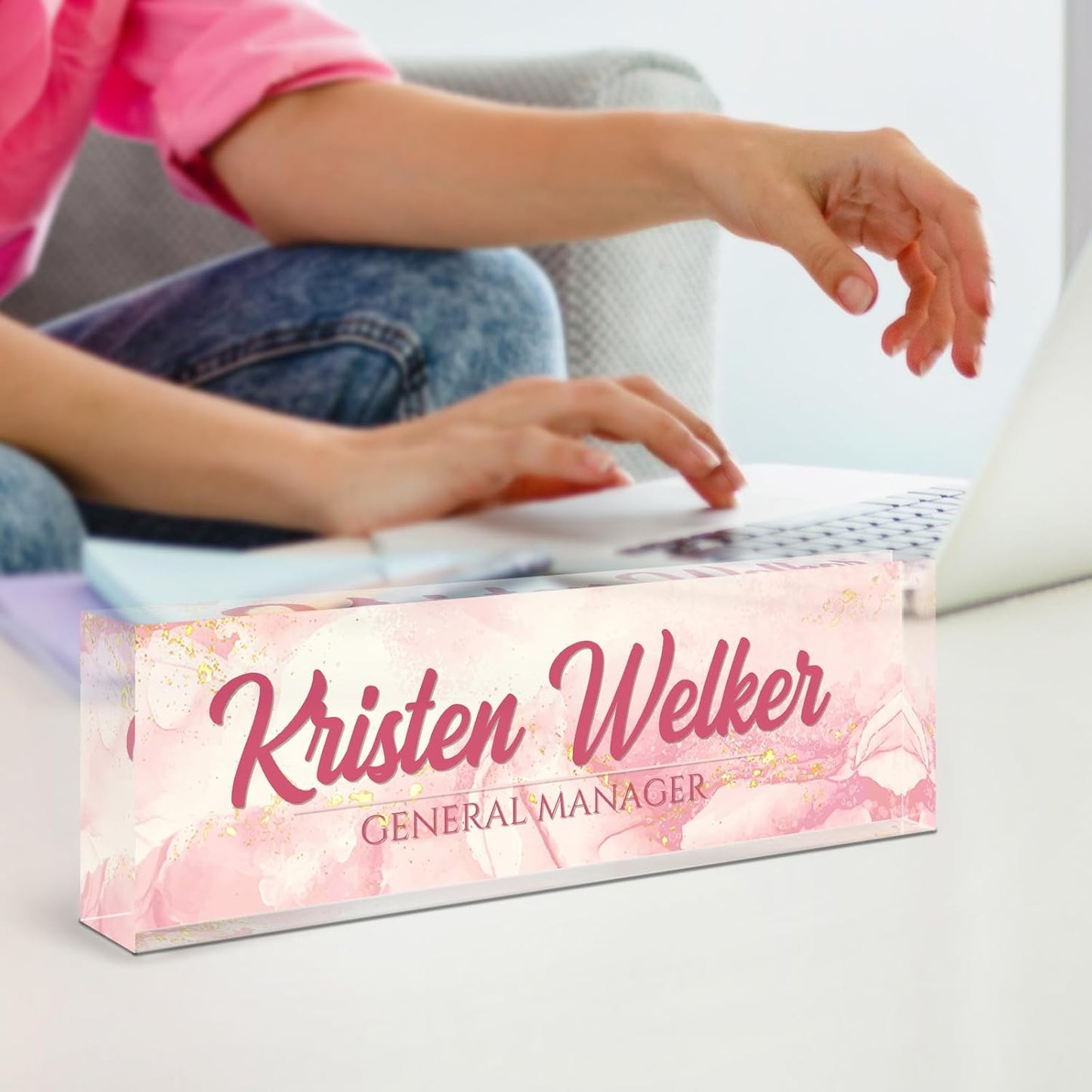 Name Plate for Desk, Desk Name Plate Personalized, Office Decor for Women Men, Acrylic Desktop Accessories, Office Appreciation Gifts for Boss Social Workers Nurse Teacher Employee (Pink Coast)