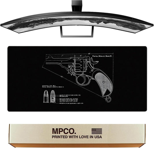 MPCO. Blueprints Large Gaming Desk Pad - 36" x 17" Duraglyde Fabric Pistol Webly Mark IV – Black Desk Mats - Non-Slip, Washable, Smooth Glide for Precision Gaming & Work