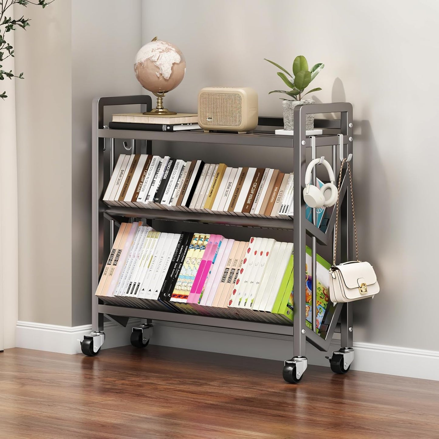 Bookshelf Movable Book Cart Multi-Layer Storage Rack Large-Capacity Rolling Cart L-Shaped Carbon Steel Shelf Suitable for Storing Books, Magazines, Newspapers, Shoes