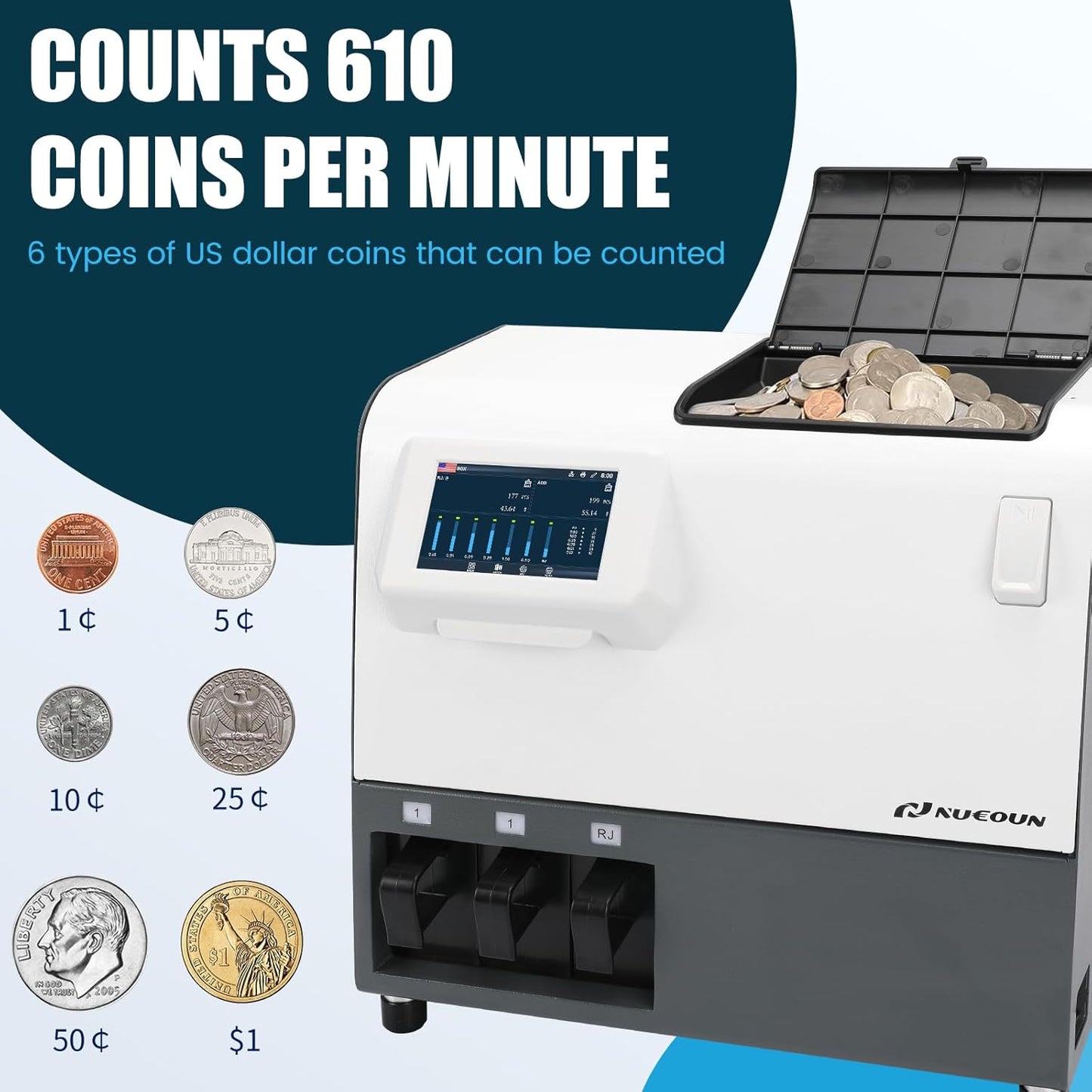 NUCOUN C200 Coin Counter Bank Grade, Heavy Duty 3-Pocket USD Coin Sorter,4.3-inch Touch Screen,High Speed 610 Coins/min, Printer Enable, Two-Year After Service