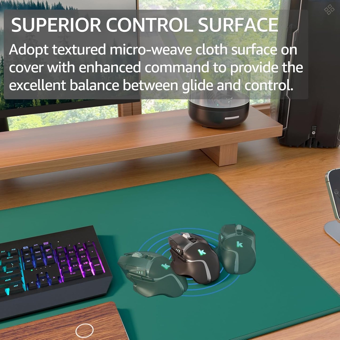 KTRIO Large Gaming Mouse Pad with Stitched Edges, Extended Mousepad with Superior Micro-Weave Cloth, Non-Slip Base, Water Resist Keyboard Pad for Gamer, Office & Home, 31.5x15.7in, Forest Green