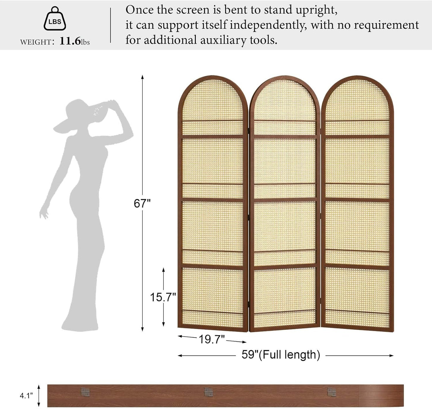 Rattan Room Divider with Bookshelf,Privacy Screen for Home Office & Bedroom,Portable Partition, Wooden Frame