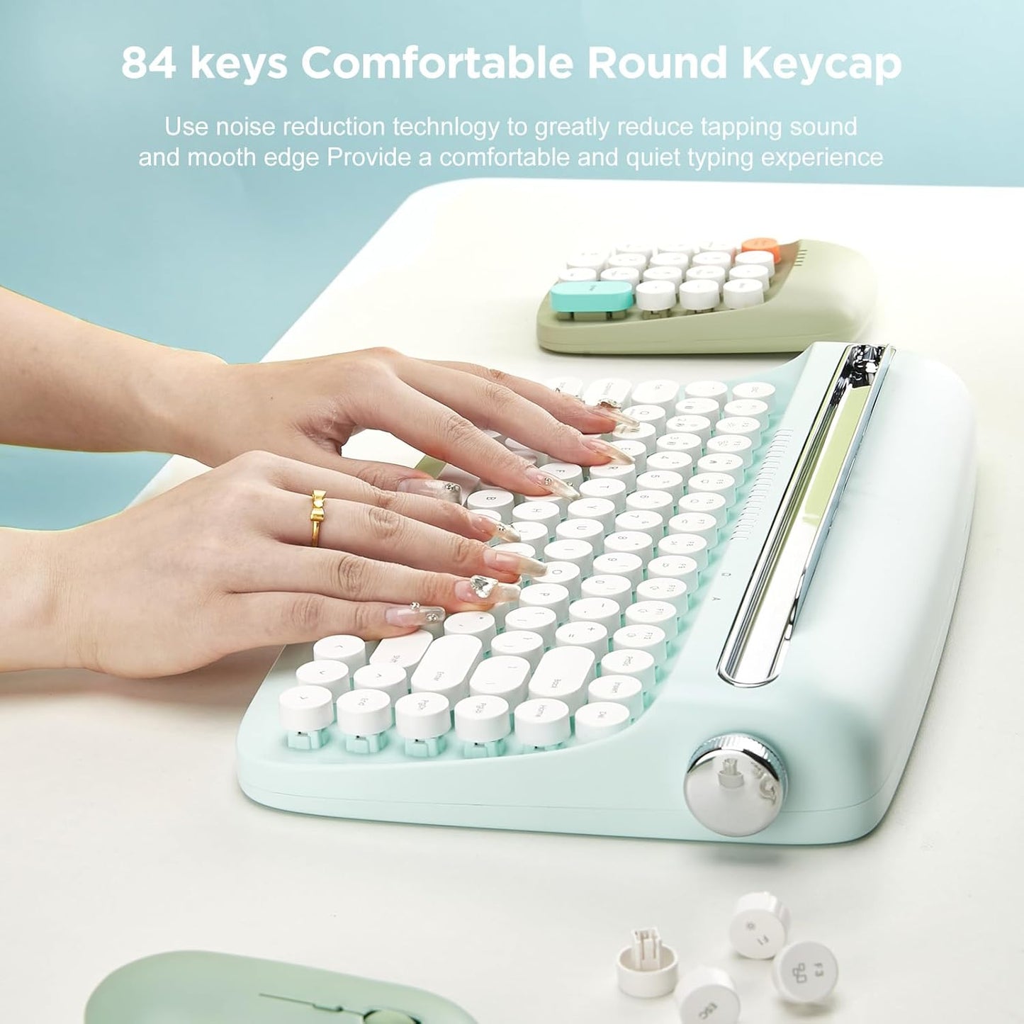 YUNZII ACTTO B303 Wireless Typewriter Keyboard, Bluetooth Connection, Cute Retro Aesthetic Design with Integrated Stand for Tablet, Phone, PC and Win/Mac/Android (B303, Sweet Mint)