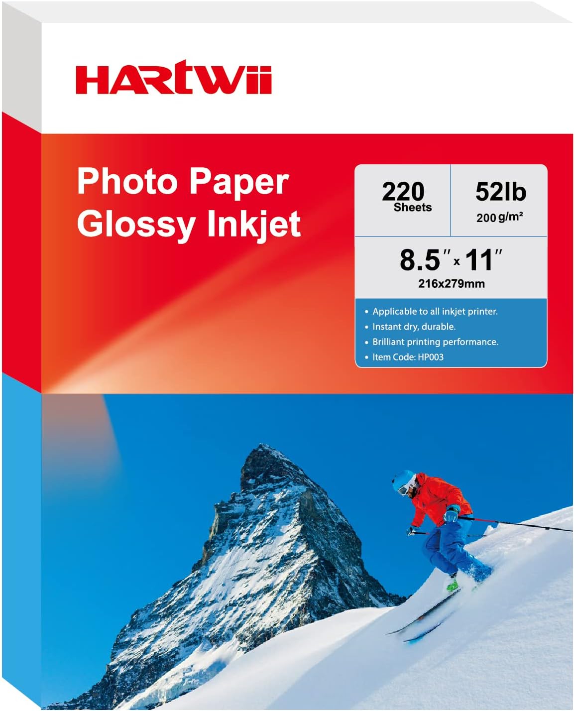 220 Pack Photo Paper Glossy Inkjet 8.5x11 inches 52lb 200Gsm Letter Size for Dye Ink Printers