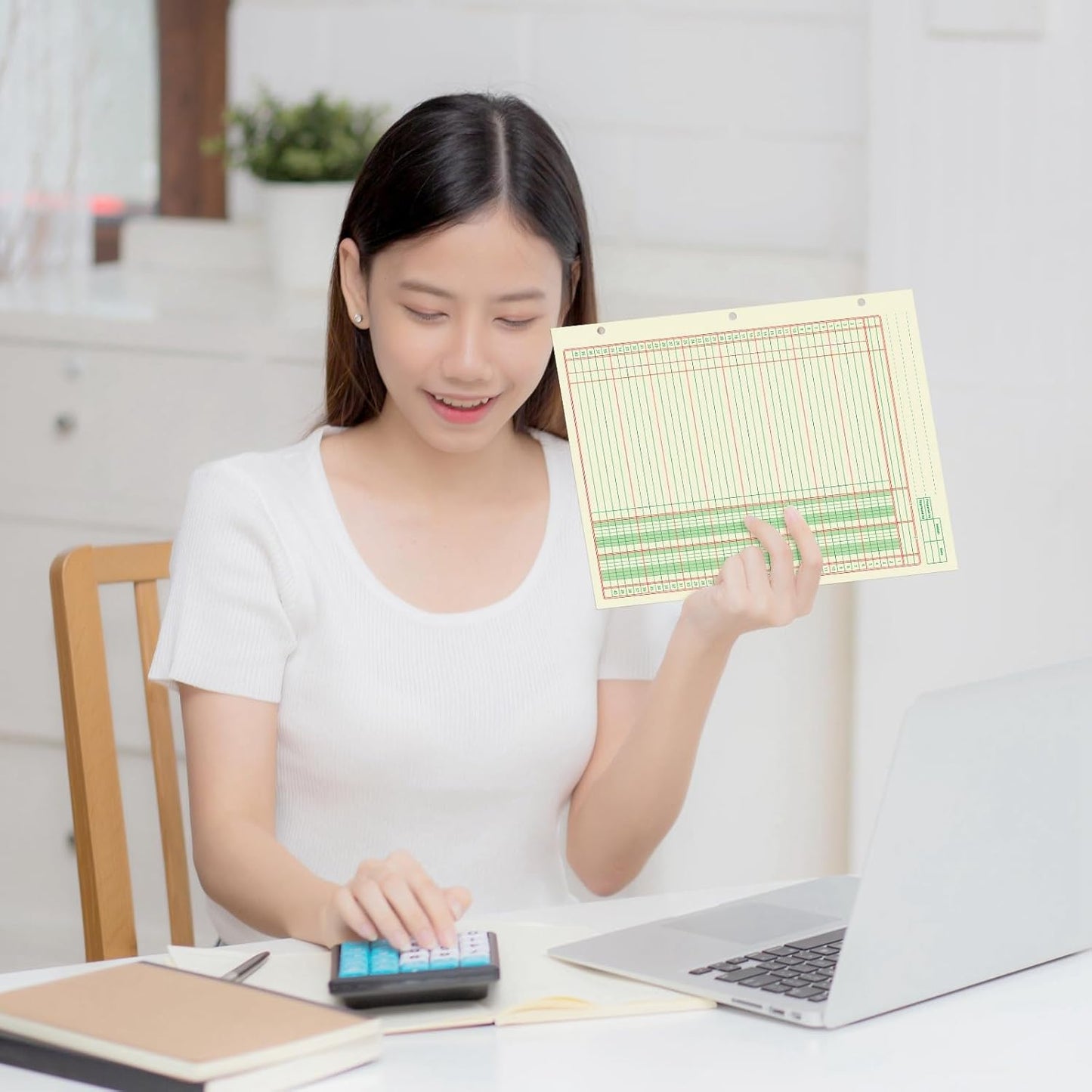 Fulmoon 5 Pack 250 Sheets Ledger Paper Accounting Columnar Pads 3 Hole Analysis Accounting Ledger Book for Business, 50 Sheets/Pack, Single Page Format, Green(8.5 x 11 Inch,2 Columnar)