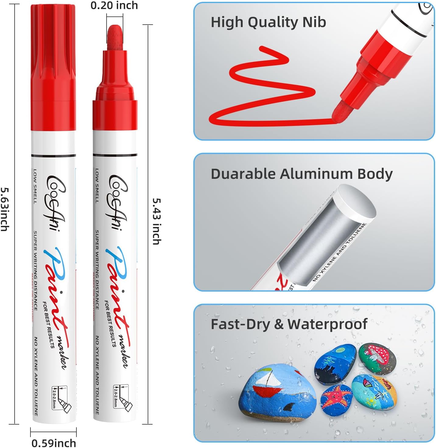 Red Paint Marker Pens, 2 Pack Single Color Oil Based Permanent Paint Markers for Rock Painting, Wood, Plastic, Glass, Ceramic, Metal, Canvas, Mugs (Red,2 Pack)