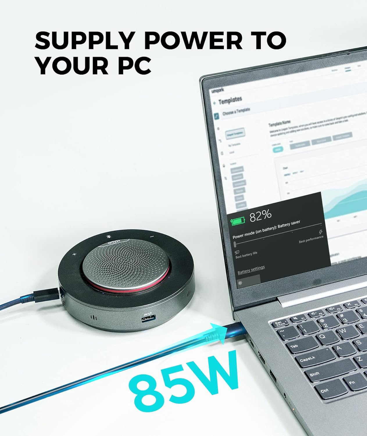 WYRESTORM Halo 90 Conference Speaker with USB-C Multi-Port Adapter Docking Supply Power to PC, 4 Noise-canceling Mics, Enhanced 360° Voice Pickup, 4K@60Hz Video Resolution, AGC Voice Balance