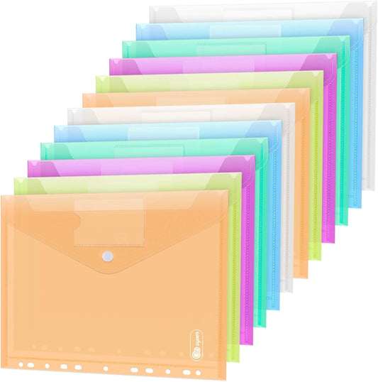 ABSOFINE 24 Pack Plastic Envelope Document Folders with Label Pocket and Snap Button for Home Work Office Organization, A4 Letter Size, Binder Pocket Folders for 11 Ring Binder, Assorted Colors
