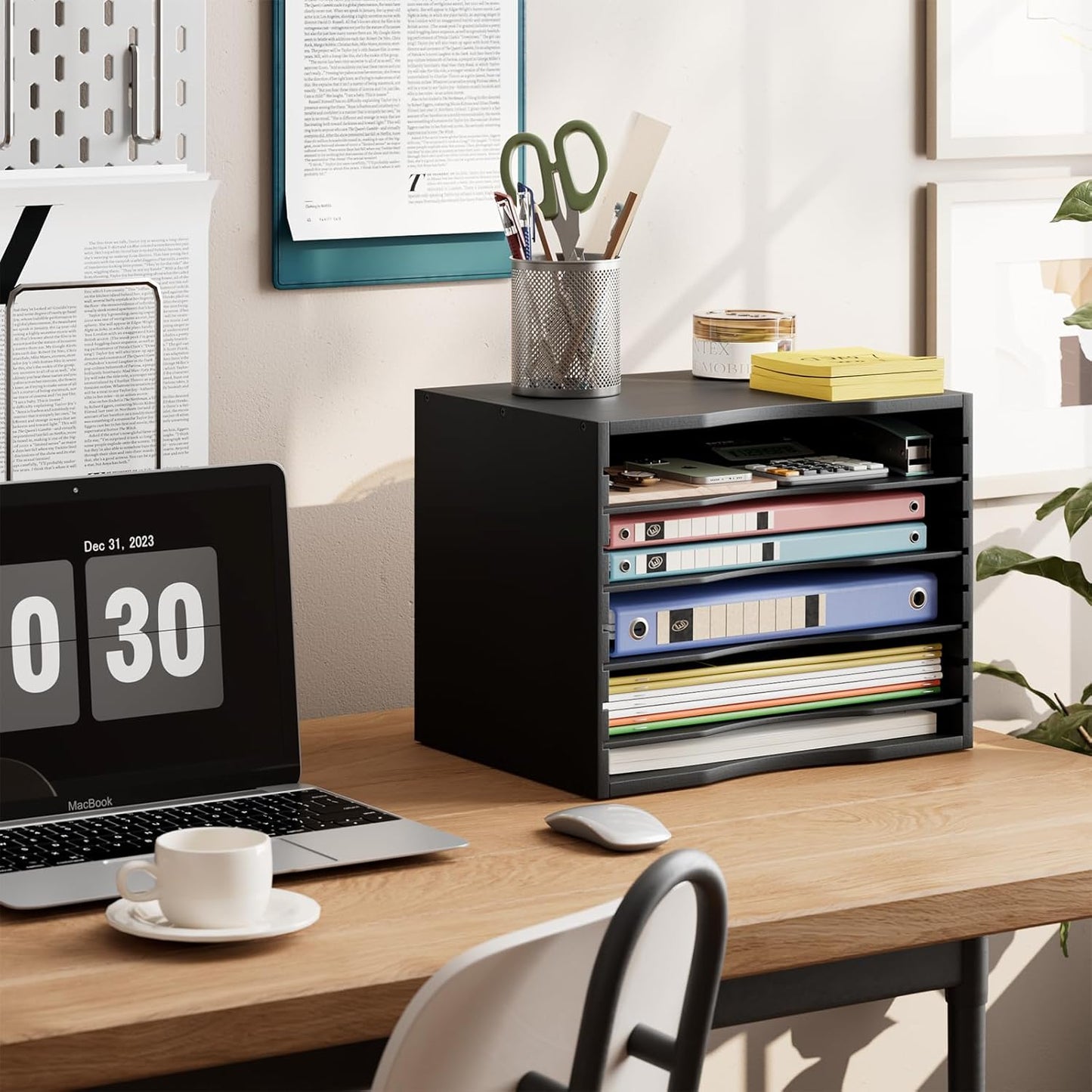 Bamjoy Wood 5 Tier Desktop Organizer, Paper Organizer Mail Sorter, File Holder Letter Document Storage with Adjustable Shelves for School Home Office, Black