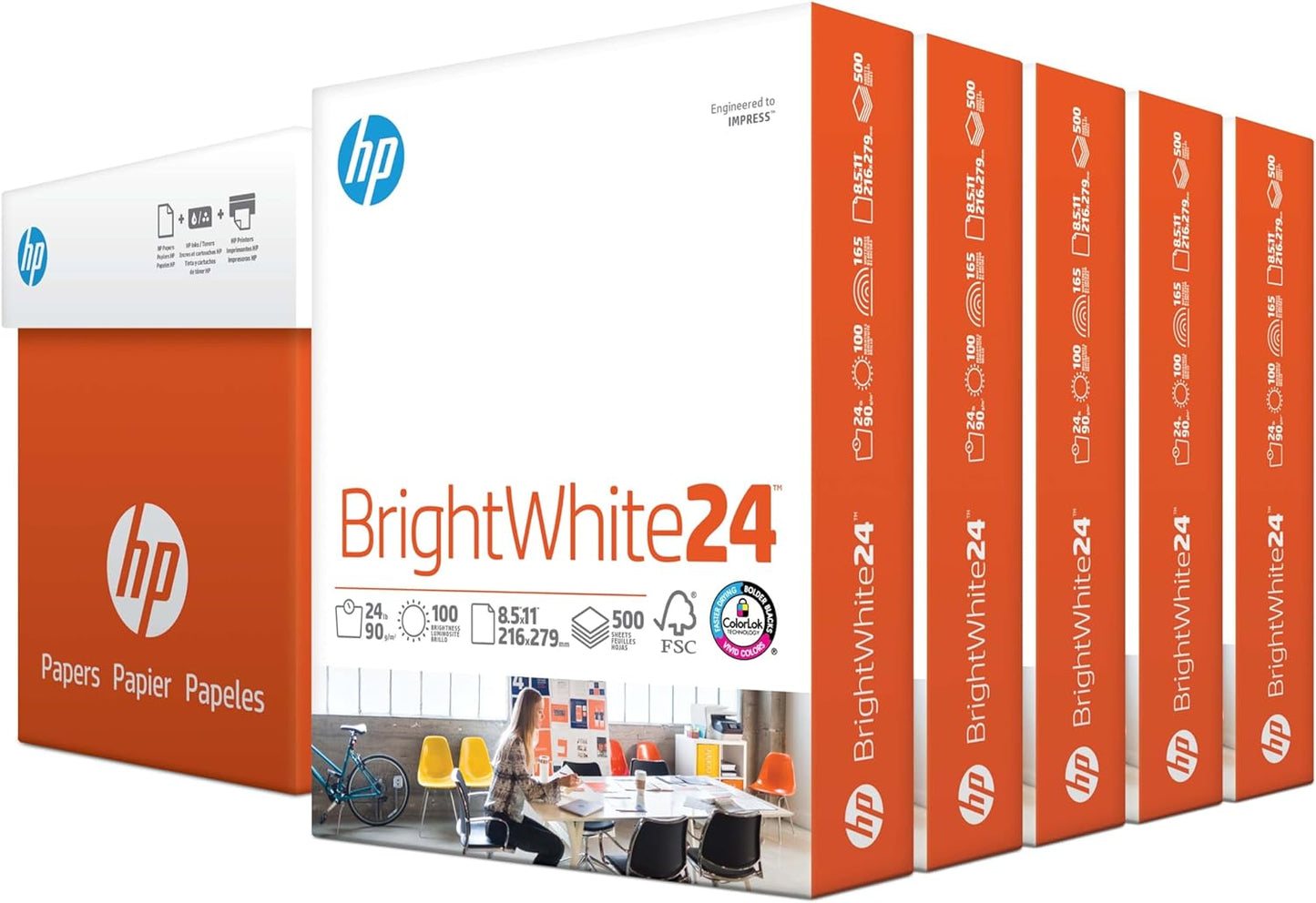 HP Printer Paper | 8.5 x 11 Paper | BrightWhite 24 lb | 5 Ream Case - 2500 Sheets |100 Bright | Made in USA - FSC Certified | 203000C