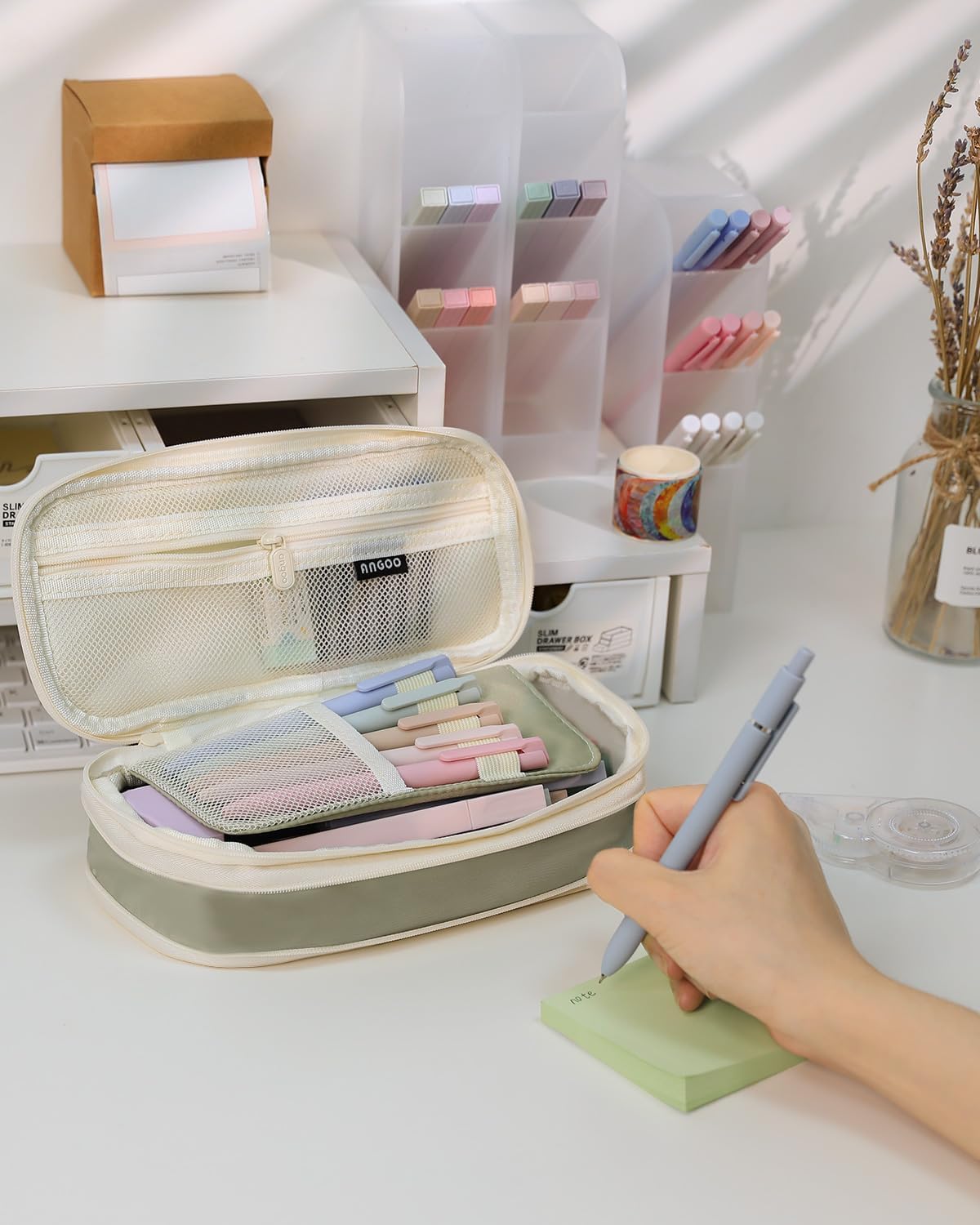 SKYDUE Cute School Supplies 44 PCS, Aesthetic Pencil Case with 12 Pastel Highlighters, 5 Black Gel Pens, 6 Color Gel Pens & Mechanical Pencils, College Essentials Students Stationary Set Green