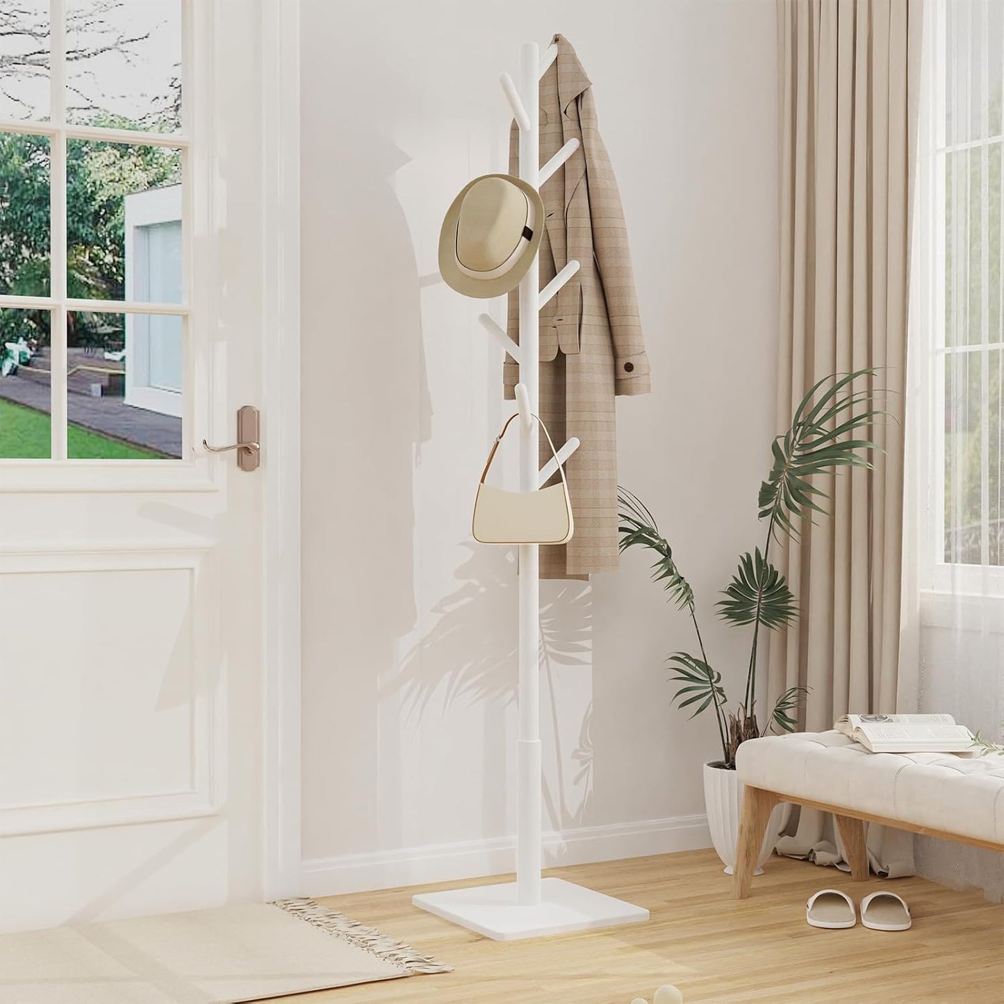 Coat Rack Freestanding with Stable Square Base for Cloathes, Hat, Used in Bedroom, Office and Entryway, Sturdy and Easy Assembly Coat Tree with 3 Adjustable Sizes and 8 Hooks, White