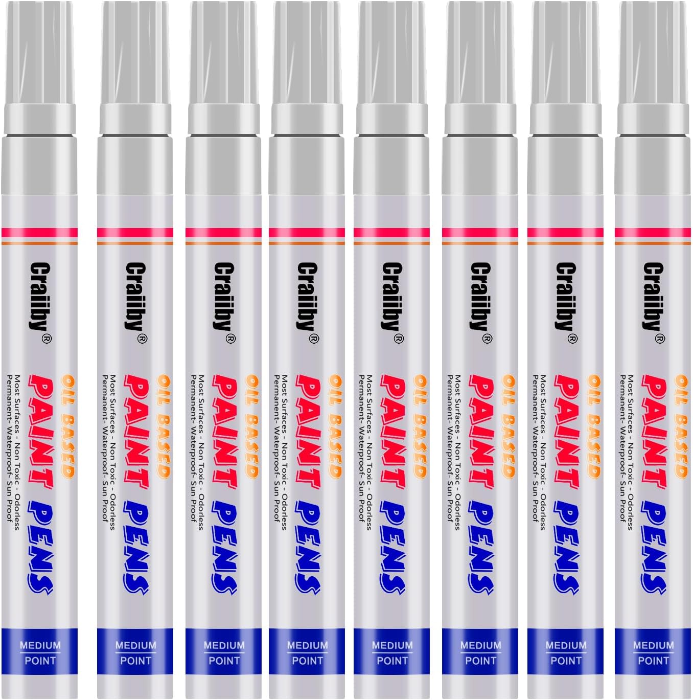 White Paint Markers, 8 Pack Oil-Based Waterproof Quick Dry and Permanent Paint Pen Set for Rocks Painting, Wood, Plastic, Canvas, Glass, Mugs, Metal, Tire, Stone, DIY Craft