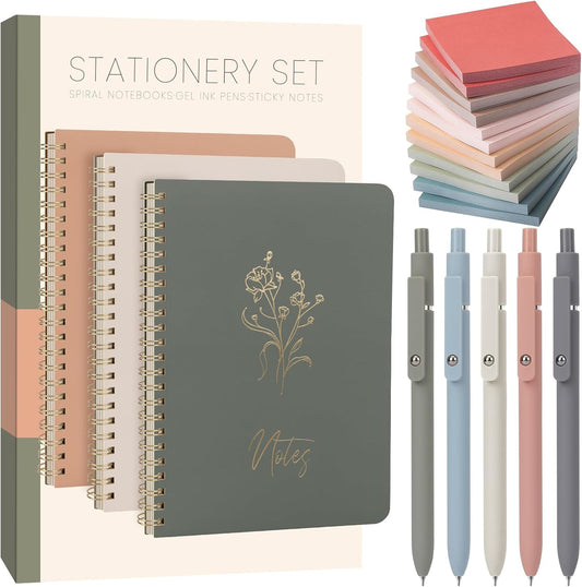 Cute Spiral Notebook Set For Women, Bible Journal Set, 3 Pack A5 Spiral Notebook + 5 PCS Gel Pens + 600 Sticky Notes + Gift Box, Aesthetic Gift Set for Work Students School Office Supplies