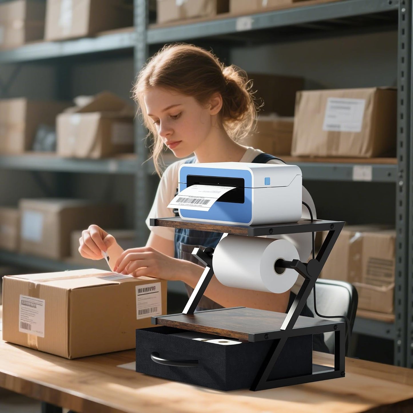 Label Holder for Rolls and Fan-Fold Labels, Shipping Thermal Label Holder with Drawer, Sticker Roll Holder for Desktop Thermal Printer, Label Printer Accessory Supplies for Office, Home,Small Business