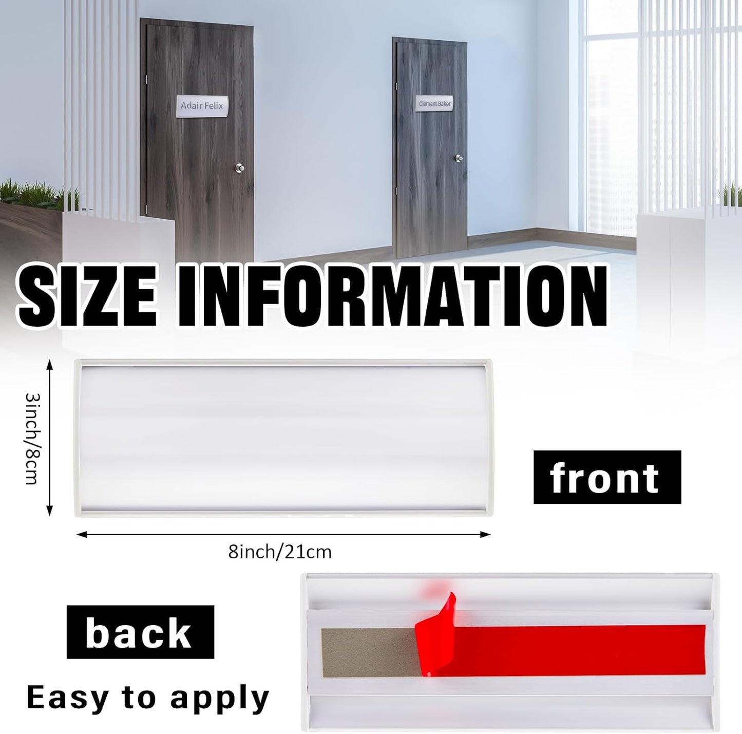 Therwen 12 Pcs Aluminum Office Name Plate Holder for Door Wall Mount 8'' x 3'' Business Sign Holder Office Door Sign Sturdy Curved with Plastic Film and Adhesive Tape (Silver)