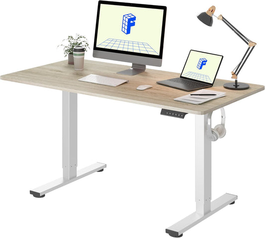 FLEXISPOT EN1 One-Piece Standing Desk, 48 x 24 Inches Electric Height Adjustable Desk for Home Office (White Frame + White Wood Grain Desktop)