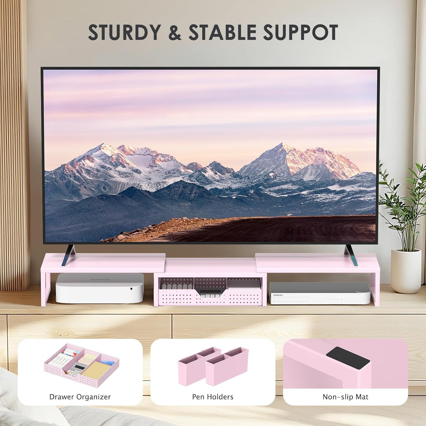 Pink Desk Organizers and Accessories for Women, Dual Computer Monitor Stand Riser with Drawer and 2 Pen Holders, Office Desk Accessories, Workspace Desktop Organization for Office Supplies