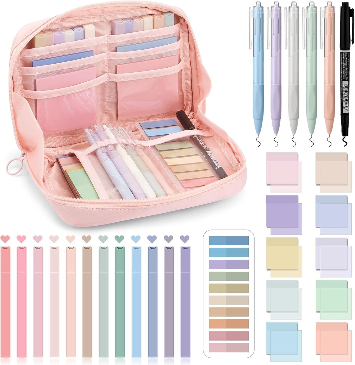 Jutom 39 Pcs Aesthetic Book Annotation Kit Highlighter with Pencil Case Bag Gel Pen Transparent Sticky Note Taking Bible Study College School Supplies(Pink,Kawaii Style)