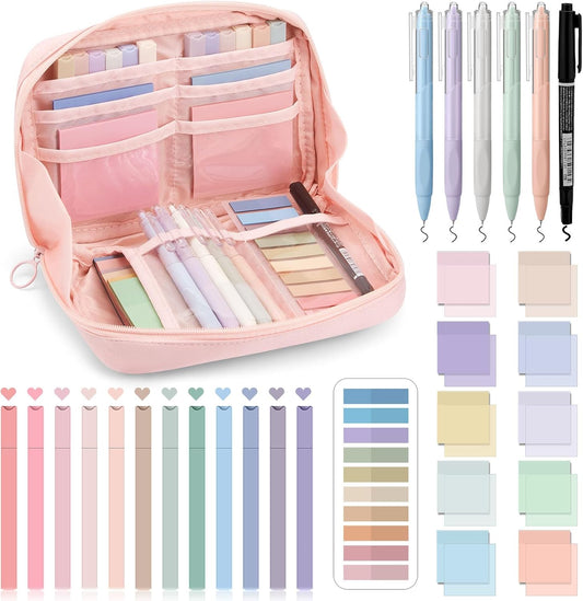 Jutom 39 Pcs Aesthetic Book Annotation Kit Highlighter with Pencil Case Bag Gel Pen Transparent Sticky Note Taking Bible Study College School Supplies(Pink,Kawaii Style)