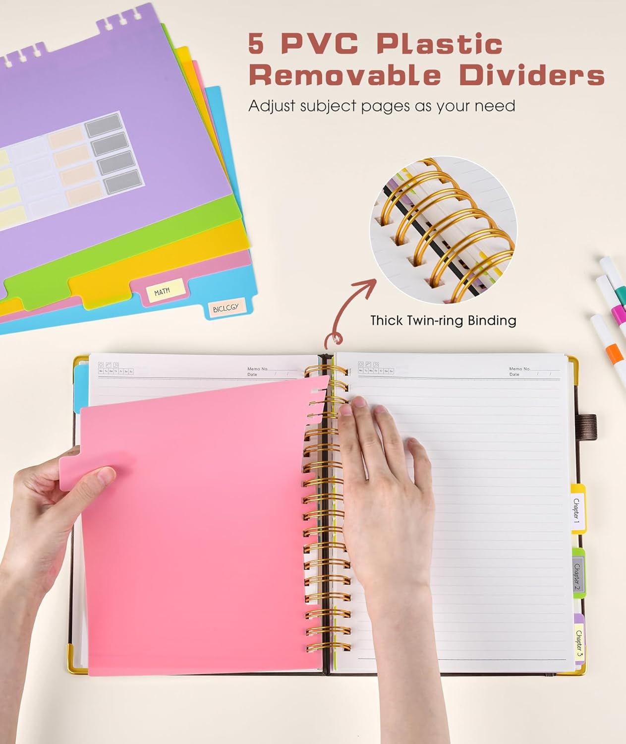 Hardcover Spiral Notebook journal with Removable Dividers Tabs, 300 Pages Leather 5 Subject Notebook College Ruled, 100GMS A5 Notebooks for Work School Note taking,Lined Journal for Women,A5 Brown