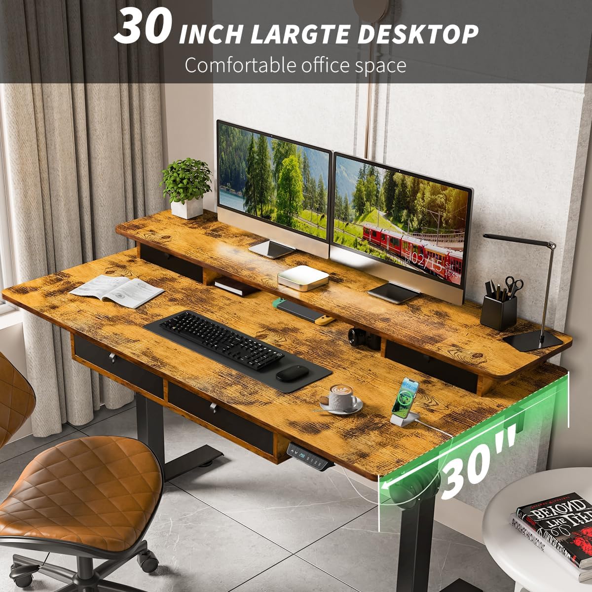 Standing Desk with Fast Charging USB Ports, 63" x 30" Height Adjustable Home Office & Gaming Desk, Sit Stand Desk with Built-in Storage Shelf, Hook & Ergonomic Design(Rustic Brown)