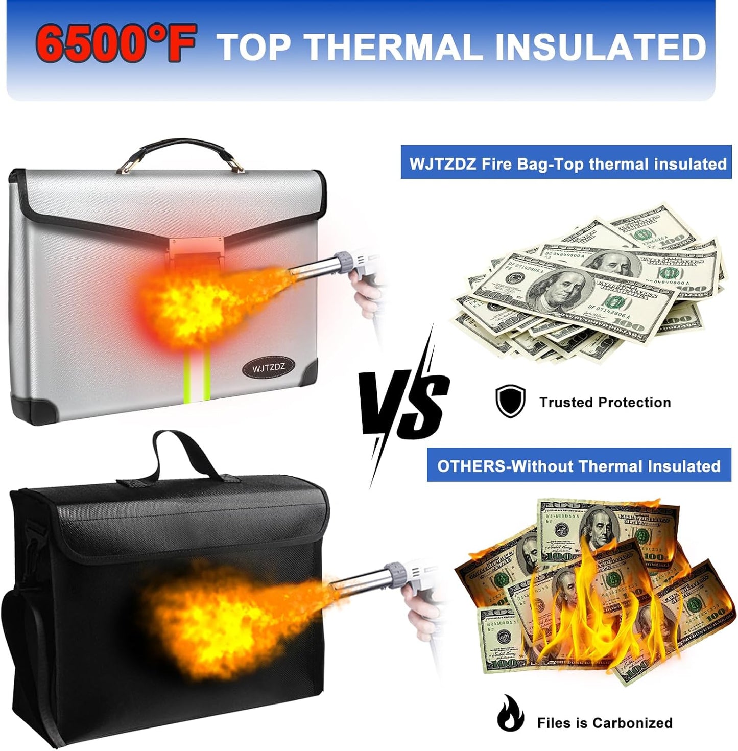 6500°F Large Capacity Upgraded Fireproof Money Bag with Lock,10 Layers of Heat Insulated Materials with Waterproof Zipper/Reflective Strip with Handle for Cash/Important Documents