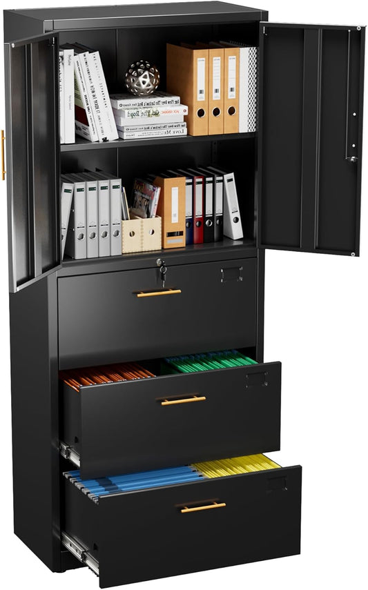 3 Drawer Lateral File Cabinet with Lock, Metal Filing Storage Cabinet with Locking Doors and Adjustable Shelf for Home, Office, School, Fits A4/Letter/Legal Size Folders, Assembly Required